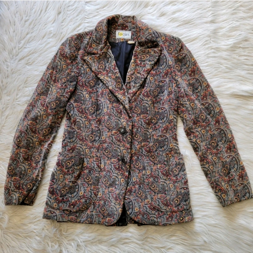 Vtg Suede Blazer Focus Fitted Floral Blue Purple Boho Retro 70s Sz 11 S / M ?